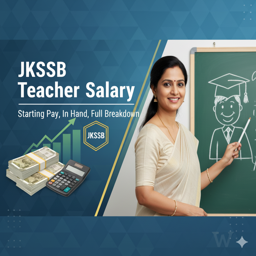 Female teacher explaining on board with JKSSB Teacher Salary chart showing pay and calculator