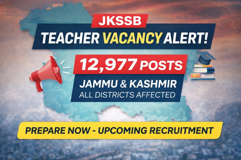 JKSSB Teacher Vacancy Alert 2026 showing 12,977 teaching posts vacant in Jammu and Kashmir across all districts